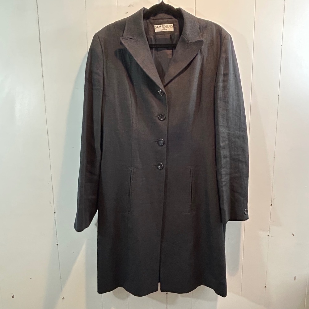 Vintage‎ Sam Roberts New York Womens Charcoal Longline Blazer Coat Linen L